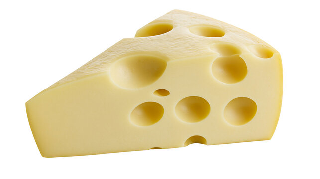 Triangular wedge of Swiss cheese with large holes, isolated on transparent background
