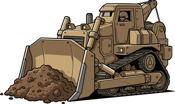 A cartoon illustration of a heavy-duty bulldozer with a large blade pushing a pile of dirt. The construction vehicle features tracks and a driver in the cab.