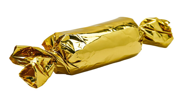 Golden candy wrapper with twisted ends, isolated on transparent background