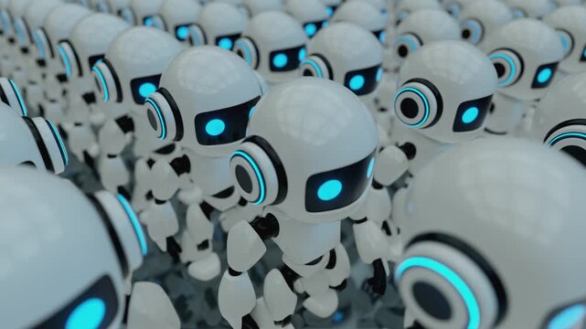 3d loop animation of a cute futuristic robot army walking together in rows. Concept of mass automation, identical artificial intelligence characters, and advanced technology workforce in a sci-fi worl