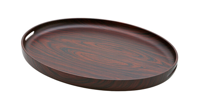 Dark brown oval wooden serving tray with handles, isolated on transparent background