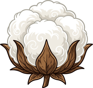 Isolated fluffy white cotton boll with brown sepals and green leaves, natural fiber, textile ingredient, harvest element
