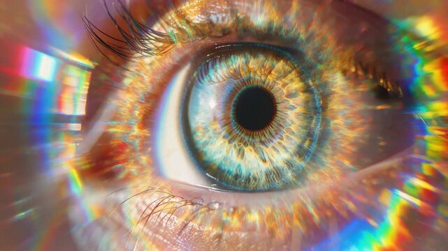 Extreme macro close up of a beautiful multicolored human eye iris with colorful rainbow chromatic aberration and light prism flares.