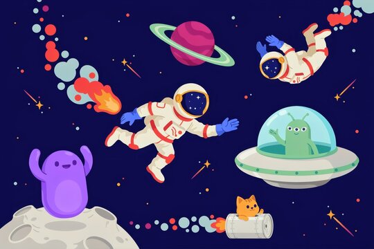 A playful space with astronauts floating in a dark blue galaxy, a green alien in a ufo, a purple blob creature, and a cat in rocket