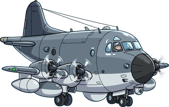 Pixel art of a gray four-engine propeller aircraft with a pilot visible in the cockpit, front view on a transparent background