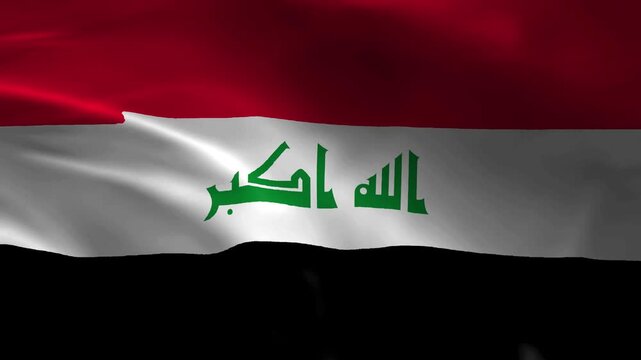 Realistic 4K waving flag of Iraq animation video loop featuring seamless fabric texture ripples red white black horizontal stripes with green takbir Arabic script text.