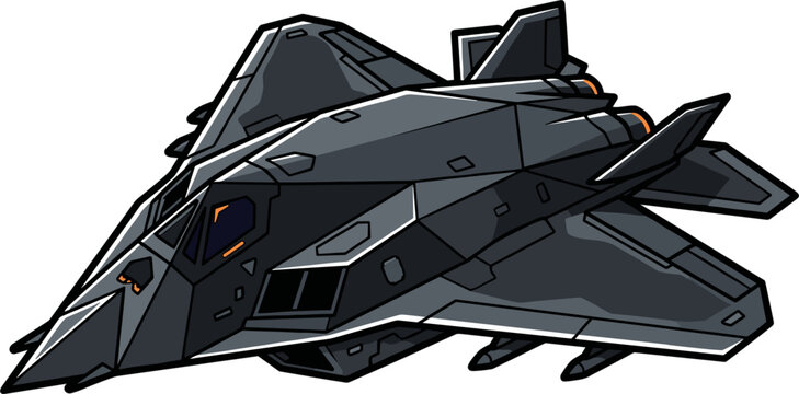 A pixel art illustration of a dark gray stealth fighter jet with orange highlights. This tactical warplane represents modern military aviation and technology.