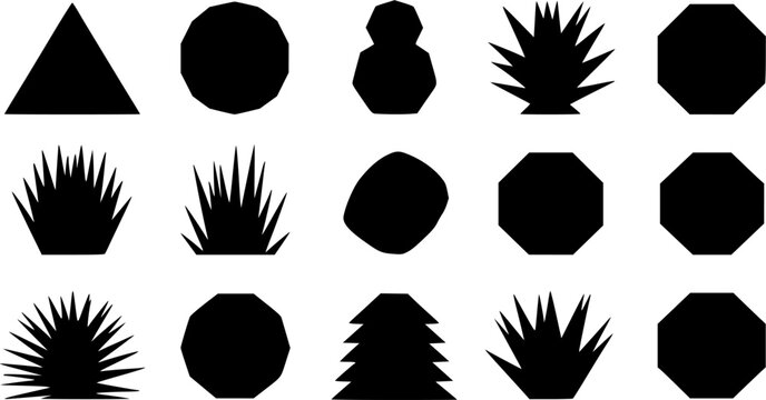 Minimalist garden landscaping vector silhouette set featuring a diverse collection of geometric topiary bushes, trimmed hedge shapes, sharp spikes, and wild grass shrub icons.