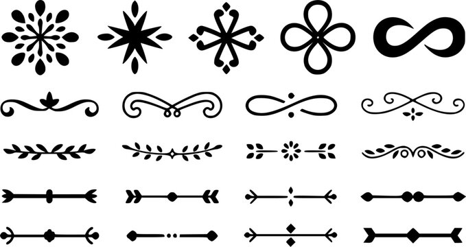 Elegant decorative text dividers and vintage ornamental flourishes vector set featuring minimalist page separator lines, swirl borders, calligraphic accents, and floral text break signs.