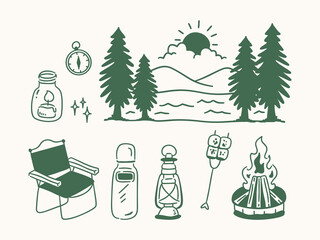 Camping hand drawn doodle element set with bonfire, forest lake, tent chair and lantern. © Illustartathome