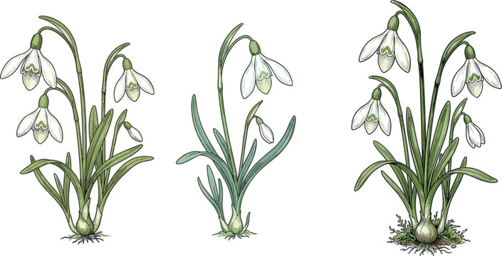 Snowdrop spring flowers with green leaves and bulbs vector illustration set isolated on white background