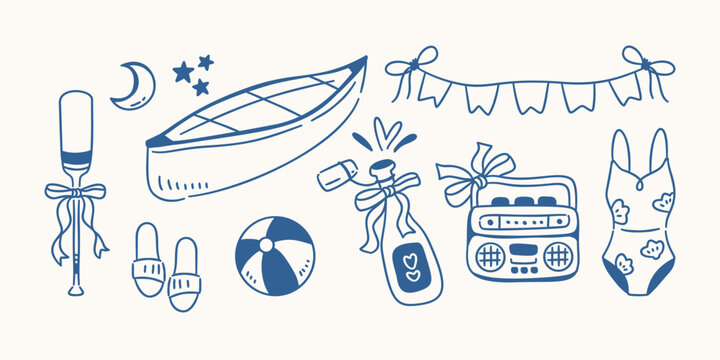 Summer beach party doodle element set with canoe kayak, beach ball, radio and swimsuit.