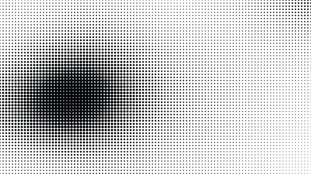 Abstract panoramic black and white halftone background with left-side dark spotlight and gradient dot texture