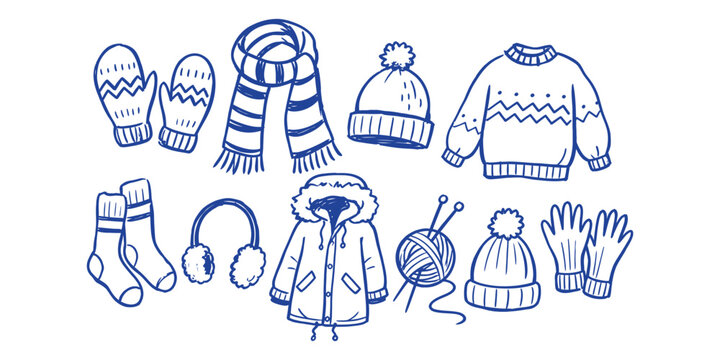 winter clothes elements and cozy apparel doodle icon set with mittens scarf beanie knit sweater socks earmuffs parka coat yarn ball and gloves vector illustration