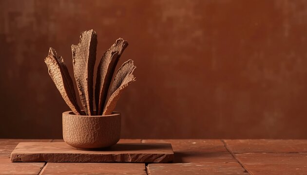 Luxury Ingredient Advertisement of Flaked Arjun Bark in Stone Pot on Clay Tile