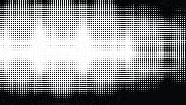 Abstract panoramic black and white halftone background with horizontal flare and gradient dot texture