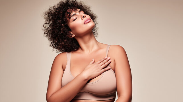 Curly-haired woman gently touching her chest, embodying self-love, body awareness and wellness against beige background. Perfect for healthcare, self-care and women's wellbeing campaigns.
