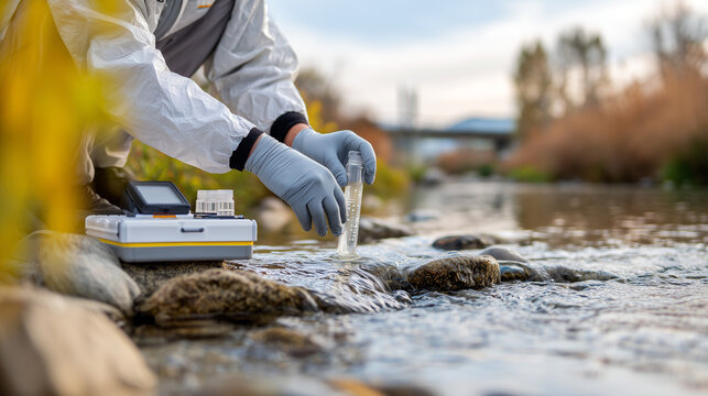 Environmental scientist in protective suit and gloves collecting water sample from stream. Researcher testing water quality with laboratory equipment, ecology fieldwork, nature conservation study.