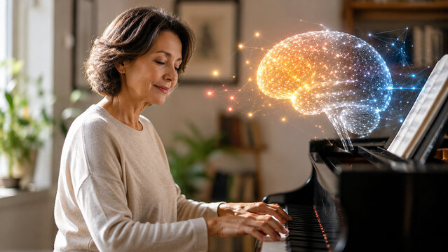 Senior woman playing piano glowing brain neural network, cognitive longevity memory development, music therapy creativity, neuroplasticity aging wellness, mental health concept.