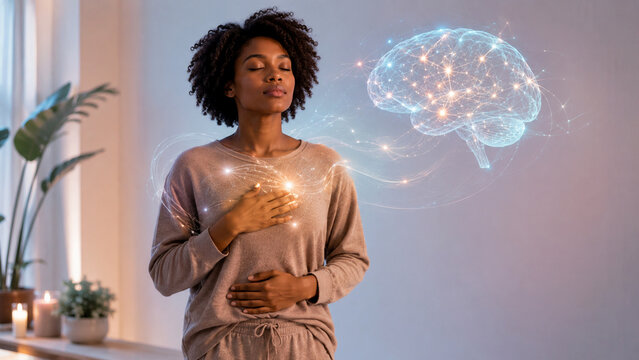 Black woman eyes closed hands chest glowing brain neural connection, breathing meditation brain body balance, nervous system mindfulness concept, gut brain axis wellness calm.