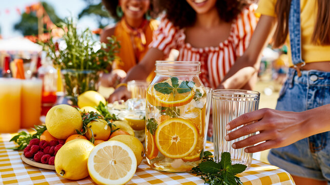 DIY summer mocktail bar, friend group arrange citrus fruit, herb, ice, glassware, bright outdoor festival table, colorful nonalcoholic refreshment, sunny lifestyle mood.