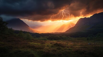 Obraz premium Dramatic Sunset Over Mountains with Lightning Strikes and Dark Clouds