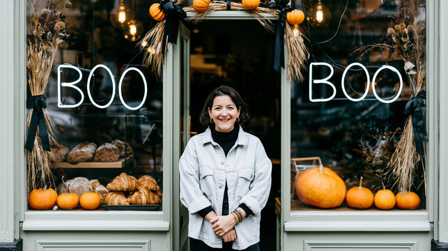 Halloween bakery cafe storefront with boo neon sign, pumpkin decor, cozy autumn window display, bread, pastry, smiling barista welcoming customers, seasonal promotion, festive local business mood.
