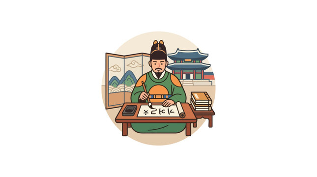 King Sejong Writing Hangeul Korean Alphabet Illustration