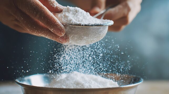 Pouring flour into a mixing bowl slowly.
