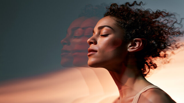 Movement wellness portrait, multiposure motion blur after intense workout, endorphin and adrenaline release, emotional relief and stress recovery, warm sunset glow, subtle sweat, mental health energy.