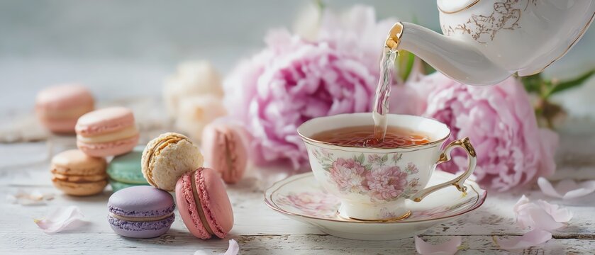 Tea pouring into a delicate floral cup.