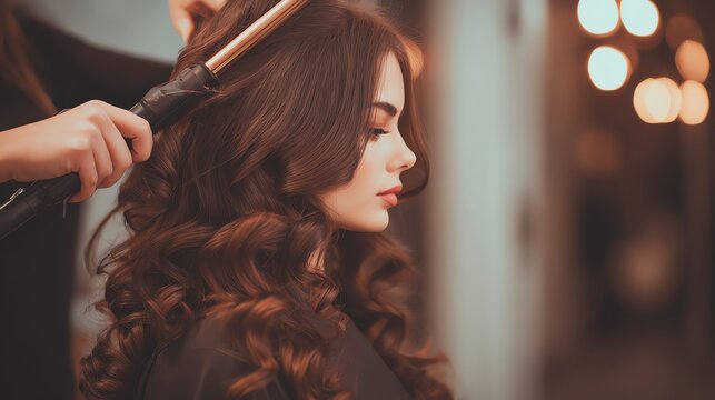 Woman getting her hair styled in salon.