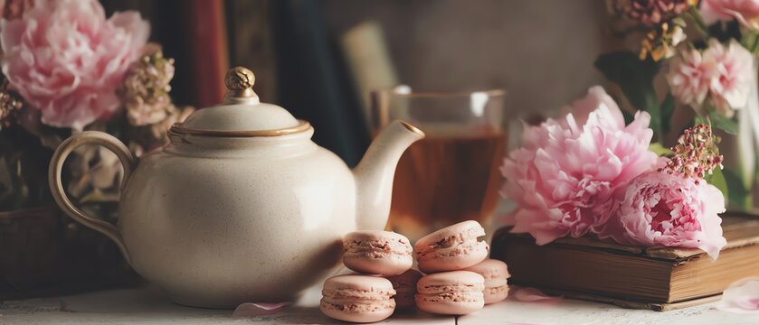 Elegant tea set with macarons and peonies.