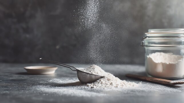Flour pouring from a measuring scoop.