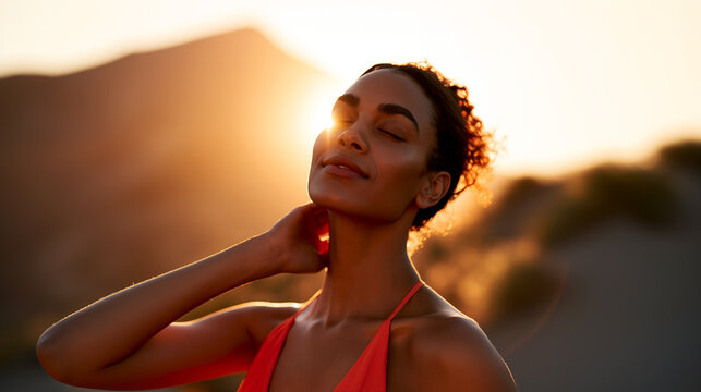 Serene mixed-race woman resting after hiking, eyes closed, glowing skin bathed in mountain sunset. Endorphin relief, wellness, outdoor fitness, recovery, active lifestyle, natural radiance.