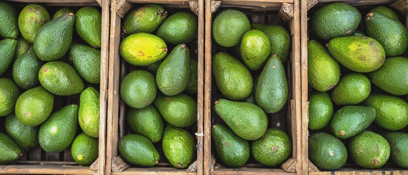 Fresh avocados in wooden crates, healthy choice.