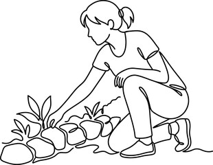 Obraz premium Continuous line drawing of a woman gardening.