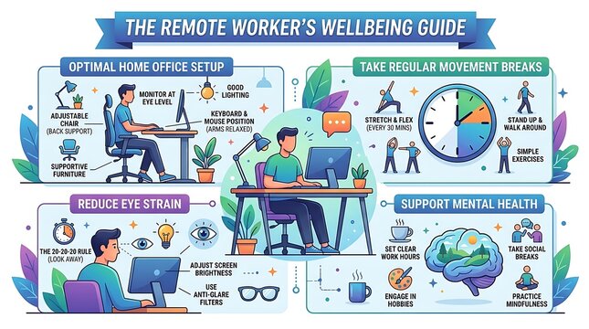 Remote worker wellbeing and home office ergonomics infographic