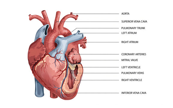 Anatomy of the human heart with labeled parts and structures visible structure