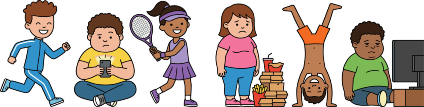 Healthy and Unhealthy Lifestyle Comparison Vector Character Set Featuring Overweight Sedentary Kids and Happy Sporty Children Exercising Active Habits