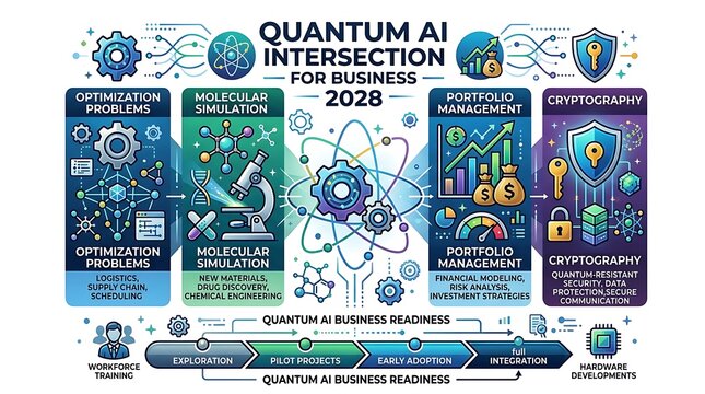 Quantum ai business applications infographic with development roadmap