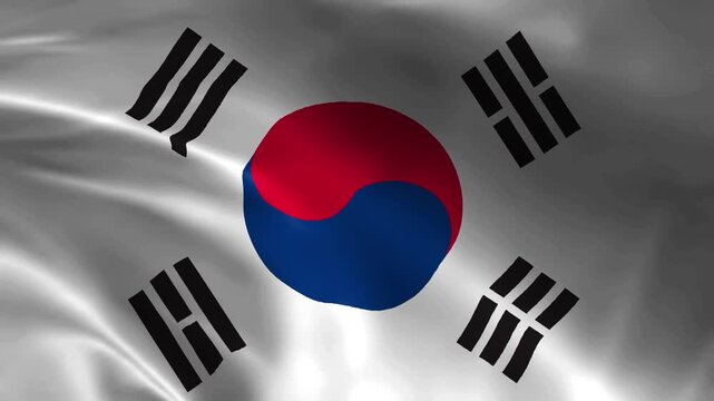 Realistic 4K waving flag of South Korea animation video loop featuring seamless fabric texture ripples white field with central red and blue taegeuk symbol and four black trigrams.