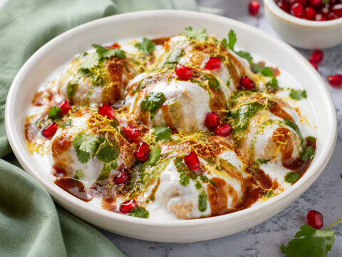 Colorful Dahi Bhalla Chaat with Yogurt Chutney Sev and Pomegranate