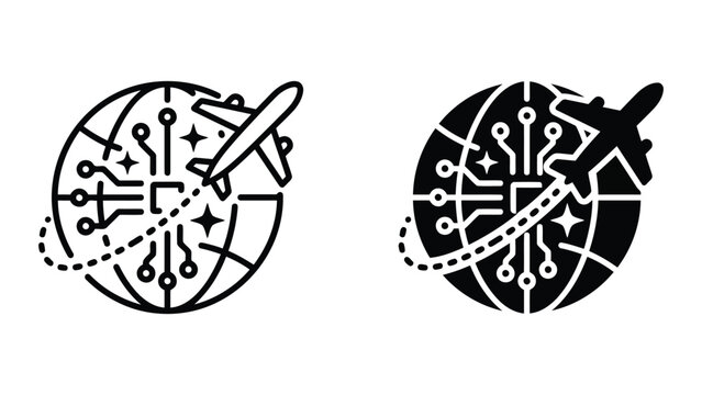 Digital globe with integrated circuit lines and airplane silhouette as travel technology vector icon set in minimalist outline and bold solid glyph styles for modern global aviation data graphics