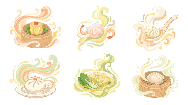 Steaming dim sum assortment featuring pastel aroma splashes and traditional bamboo steamer baskets.