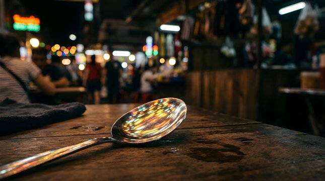 Silver spoon reflecting colorful night market lights on a wooden table