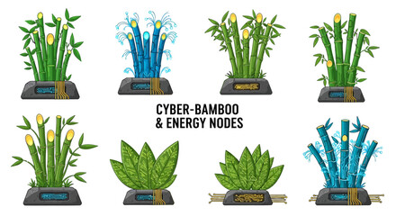 A collection of eight illustrated cybernetic bamboo plants and leafy vegetation arranged in two rows each mounted on a techbase © Faisal