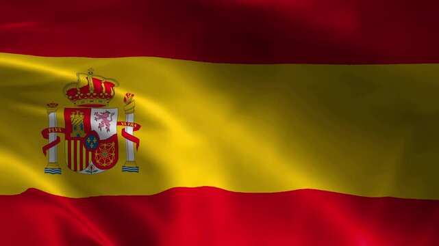 Realistic 4K waving flag of Spain animation video loop featuring seamless fabric texture ripples red and yellow bands with national coat of arms.