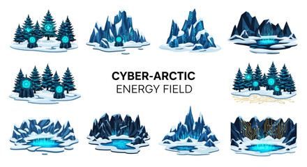 A grid of twelve icy mountainous and forested landscapes featuring glowing blue digital energy portals and circuit patterns © Faisal