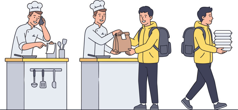 Restaurant Food Delivery Service Set Featuring Cartoon Chef Cooking Taking Phone Orders and Courier Character in Yellow Jacket Carrying Packages